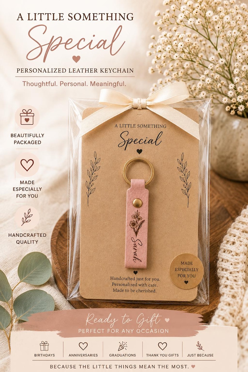 Personalized leather keychain with engraved botanical artwork packaged on a decorative backing card inside a clear sleeve with ribbon. A ready-to-gift keepsake for friends and family.
