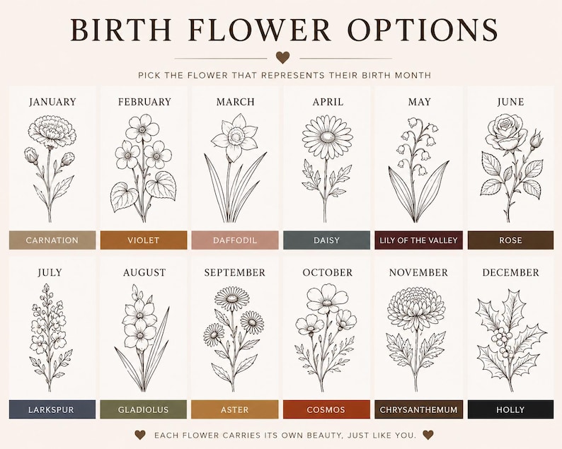 May include: A chart titled BIRTH FLOWER OPTIONS featuring twelve black and white line art illustrations of flowers, each labeled with a month and its corresponding name: Carnation, Violet, Daffodil, Daisy, Lily of the Valley, Rose, Larkspur, Gladiolus, Aster, Cosmos, Chrysanthemum, and Holly.