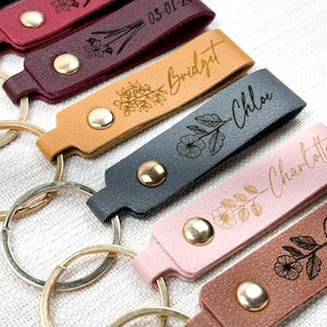 Birth Flower Keychain Leather Material Custom Design Personalized Gift for Dad Leather Keyring Key Fob Custom Engraved Botanical Accessory