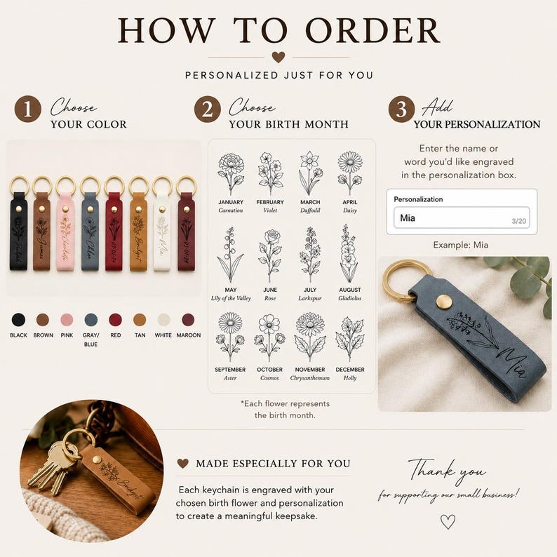 May include: A personalized leather keychain instruction guide featuring eight color options, twelve birth month flower illustrations, and a text box example. The guide displays a blue keychain with a gold ring and engraved floral design.