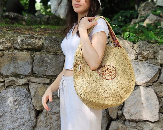 Handmade Large Raffia Boho Style Round Woven Unique Shoulder Bag Handcrafted Artisan Crochet Circle Tote Chic Gifts With Natural Materials Etsy