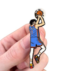 May include: A pin featuring a basketball player in a blue jersey with the name "HOLMGREN" and the number "7". The player is depicted mid-shot, with an orange basketball. The pin is held by a hand against a white background.