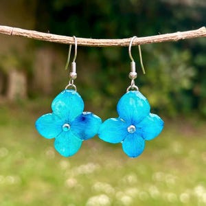 Real blue hydrangea flower handmade dangle earrings with cubic zirconia, floral gift, unique jewellery gift for her, anniversary / birthday