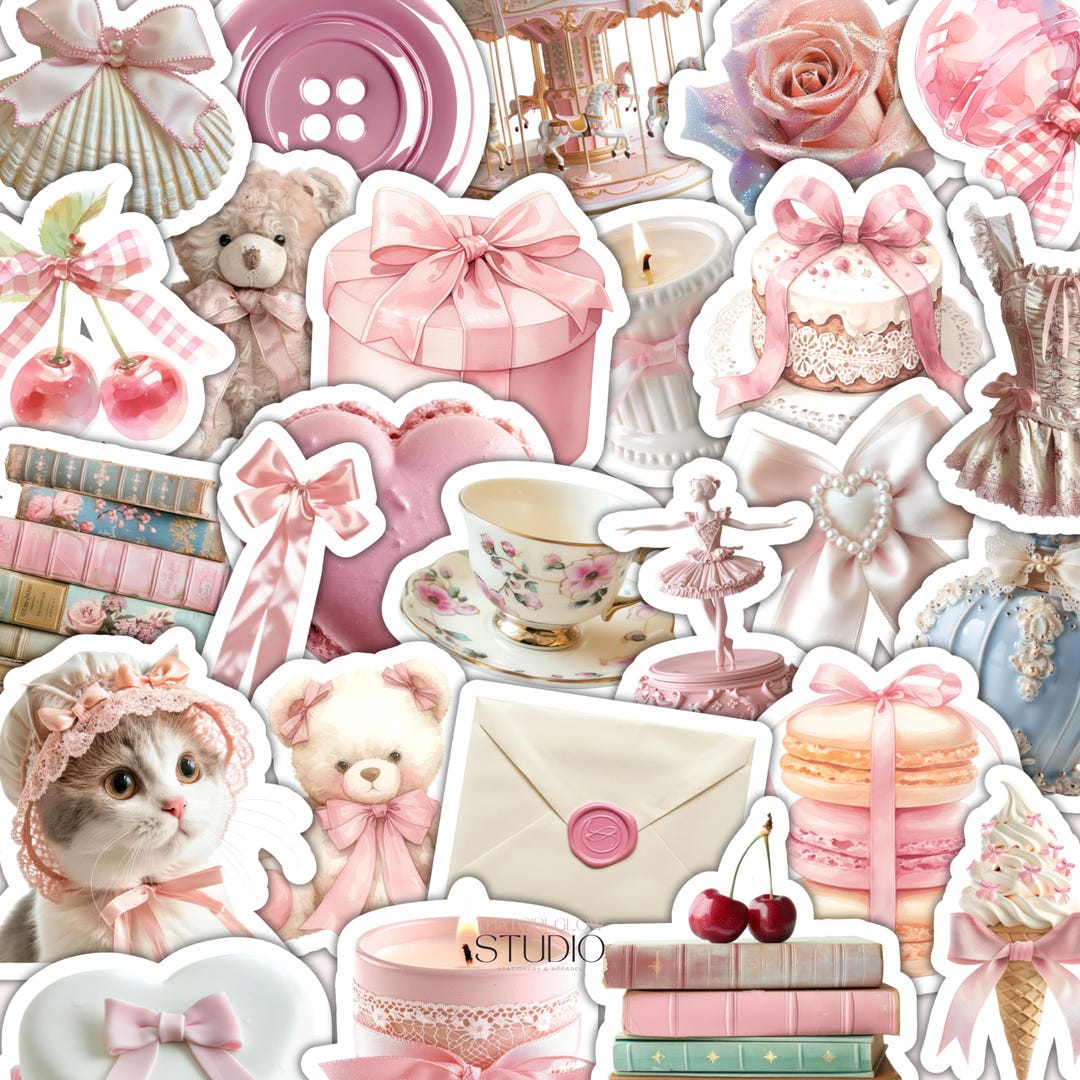 Princesscore Stickers 50 Coquette Pink Digital Sticker Set, PNG Printable Sticker Sheet, Cute ...