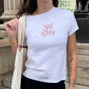 Y2K Cupid Angel 90s Baby Tee, Vintage Cupid Angel, Y2K Aesthetic Baby Tee, Cherub Graphic Shirt, 90s Style Top, Valentine&#39;s Day Gift