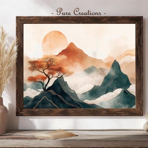 Ancient Chinese Mountain Art - Watercolor Sunrise Landscape - Gold Accent Painting - Oriental Wall Decor - Digital Download - 148