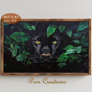 May include: A black panther with green eyes peeks out from behind lush green foliage. The panther's fur is black and its eyes are bright green. The background is a dark green.