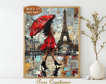 Eiffel Tower Red Umbrella, Woman in Red Dress Art, Paris Digital Wall Decor, Romantic Instant Download, Home Decor Art Pure Creations 50