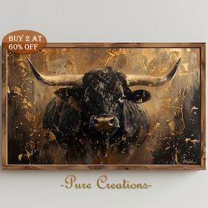May include: A framed painting of a black bull with large horns against a gold and brown background. The bull is looking directly at the viewer. The painting is framed in a dark wood frame.