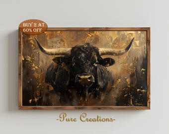 Vintage Black Bull with Golden Horns Oil Painting Print - Digital Wall Art, Home Decor, Instant Download - Pure Creations 46