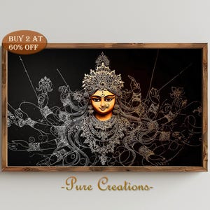 Puede incluir: Una obra de arte enmarcada que presenta una ilustración detallada de una deidad con múltiples brazos, adornada con joyas ornamentadas y una corona. La obra de arte está ambientada sobre un fondo negro, con el texto "BUY 2 AT 60% OFF" en la esquina superior izquierda. El nombre del artista es "-Pure Creations-".