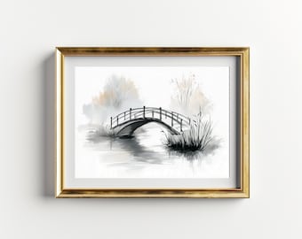 Bridge on a creek sketch | Neutral Minimalist Landscape Sketch | Printable Art Instant Download | Home Decor by Pure Creations - 130
