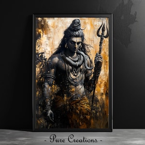 Puede incluir: Una pintura de la deidad hindú Shiva, con piel de color azul oscuro, sosteniendo un tridente. Lleva un collar de cuentas y una serpiente alrededor del cuello. El fondo es de color amarillo dorado con pinceladas marrones y negras.