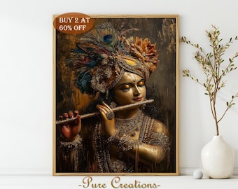 Peut inclure: Une impression d'art encadrée représente une figure dorée jouant de la flûte, ornée d'une coiffe ornée de bijoux et de bijoux complexes. L'œuvre présente des couleurs et des textures riches, avec le texte "BUY 2 AT 60% OFF" en haut à gauche.