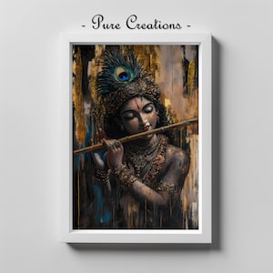 Lord Krishna Flute Art - Divine Music Poster - Hindu Spiritual Decor - Hindu God - Blue God Painting - Instant Download Pure Creations - 89