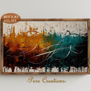 May include: Abstract art print in a wooden frame. The artwork features a blend of colors, including orange, teal, and white, with dynamic brushstrokes and swirling lines. The text "BUY 2 AT 60% OFF" is in the upper left corner.