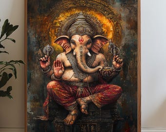 May include: A painting of the Hindu deity Ganesha, depicted with an elephant head, sitting on a throne with a golden halo. The background is a dark, textured canvas with shades of gold, brown, and blue.