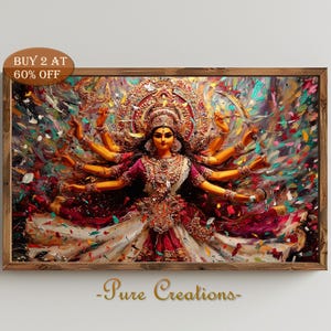 Puede incluir: Pintura enmarcada de una deidad de múltiples brazos, adornada con joyas ornamentadas y una corona enjoyada. La obra de arte presenta una paleta de colores vibrantes con rojos, dorados y azules. El texto "BUY 2 AT 60% OFF" está en la esquina superior izquierda. El texto "-Pure Creations-" está en la parte inferior.