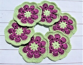 Lot de 6 sous-verres au crochet. Sous-tapis en coton magenta/pistache, fête au bord de la piscine, bar, barbecue. 4 juillet, fait main PaulineAnneCrochet