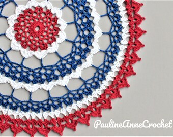 Crochet Patriotic Doily in red white & bluey. Americana. Handmade by PaulineAnneCrochet NEW. Round Mandala American Flag Doily