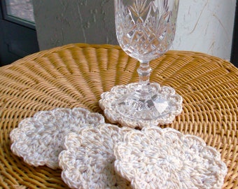 Crochet Coasters set of 4. Gift Packaged. Soft Beige & White. Ready to Ship. Flower Coaster. Floral Coaster. Handmade by PaulineAnneCrochet