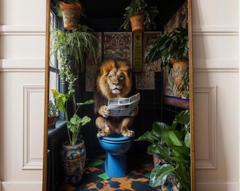 Funny Lion Bathroom Art, Quirky Jungle Animal Print, Modern Toilet Wall Decor, Funny Animal Poster, Quirky Safari Bathroom Art, Lion Art
