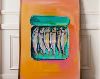 Sardinen Print, Küchen Illustration, Sardinen Dose Wandkunst, Esszimmer Dekor, Retro Küche, Fisch Poster, trendige Fisch Illustration