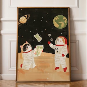 Astronaut Katze Kunstdruck, lustige Weltraum Katze Druck, kosmische Wandkunst für Kinderzimmer, schrullig Astronaut Kitty Druck, Weltraum Tier Kunst