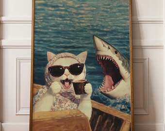 Stampa Su Tela 40x60 Cm – Gatto Che Cavalca Uno Squalo In Stile Vittoriano – Quadro Umoristico E Eclettico Per Bagno, Soggiorno, Camera Da Letto