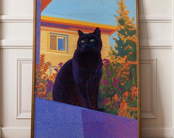 Retro Black Cat on Balcony Art, Unique Wall Art, Retro Wall Poster, Retro-Style Black Cat Painting, Quirky Cat Poster, Printable Black Cat