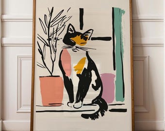 Calico Kitty in Window Art Print, Modern Calico Cat Poster, Line Art Cat Print, Colorful Cat Line Art, Minimal Boho Cat Wall Art, Cat Poster