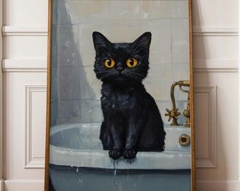 Wet Cat in Bathtub Art - Funny Black Cat Poster, Black Cat in Bathtub Painting, Stylish Cat Bathroom Decor - Moody Black Kitten Art