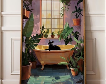 Bath Cat Print Funny, Purple Painting Poster, Animal Wall Art, Quirky Cat Decor, Bathtube Wall Art, Cat in Bathroom Art, Maximalist Cat Art
