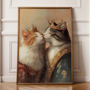 Königliches Katzenpaar Wandbild, Katzenpaar Malerei, schrulliges Katzen Poster, königliche Katzen Malerei, wunderliche Paar-Dekoration, Fantasy Kunst, Katzen-Druck