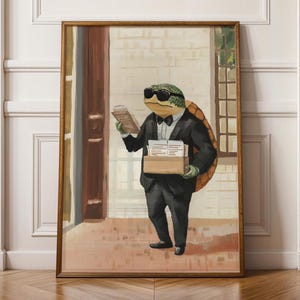 Whimsical Turtle Art Print, Quirky Animal Art, Funny Office Wall Art, Quirky Turtle Delivery Man Print, Playful Animal Wall Art, Turtle Art