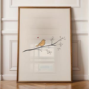 Arte mural minimalista de pájaros, arte escandinavo de pájaros amarillos, arte lineal de pájaros amarillos, impresión decorativa escandinava suave, póster de pájaros delicados