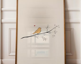 Minimalist Bird Wall Art, Scandinavian Yellow Bird Art, Yellow Bird Line Art, Soft Scandinavian Decor Print, Delicate Bird Poster