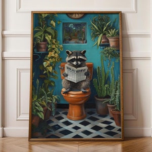 Cute Racoon on Toilet, Funny Bathroom Decor, Pintable Racoon, Funny Racoon Reading on Toilet, Humor Cute Racoon Poster, Kids Bathroom Prints