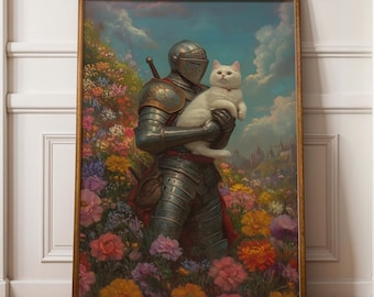 Medieval Knight and Cat Art, Whimsical Fantasy Wall Print - Romantic Renaissance Decor, antasy Cat Wall Art - Knight Aesthetic Poster