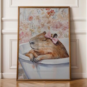 Capybara Wall Art, Pink Bow Capybara Print, Funny Bathroom Decor, Cute Capybara Poster, Bathtub Wall Art, Watercolor Capybara Print