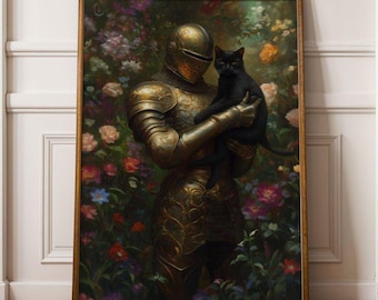 May include: A painting of a knight in shining armor holding a black cat in a garden setting. The knight is wearing a golden helmet and armor, and the cat is looking at the viewer. The background is a lush garden with flowers and greenery.