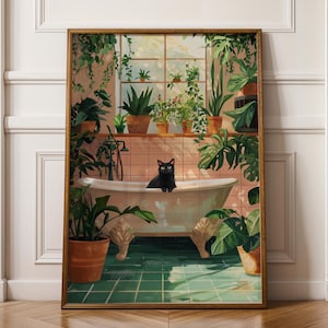 Impresión divertida de gato en el baño, póster naranja, arte mural de animales, arte mural digital, arte mural de bañera, arte de gato en el baño, arte maximalista de gatos