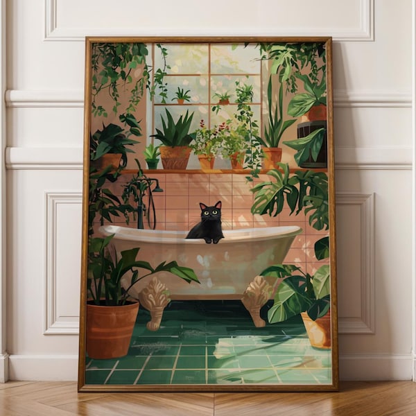 Impresión divertida de gato en el baño, póster naranja, arte mural de animales, arte mural digital, arte mural de bañera, arte de gato en el baño, arte maximalista de gatos