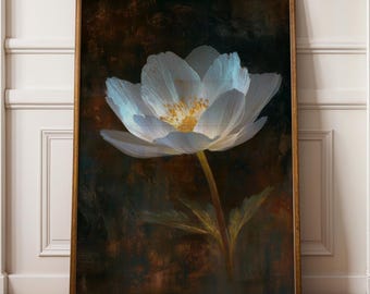 Witte wilde bloemen muur kunst botanische schilderij print op donkere rustieke achtergrond, humeurige bloemen schilderij, kunst aan de muur witte bloem, botanische print