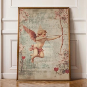 Vintage Cupid Wall Art, Cupid with Bow and Arrow, Romantic Victorian Wall Decor, Rustic Valentine’s Day Decor, Cupid Angel Print, Cupid Art