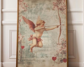 art mural vintage Cupidon, Cupidon avec arc et flèche, décoration murale romantique victorienne, décoration rustique de la Saint-Valentin, impression d'ange de Cupidon, art de Cupidon