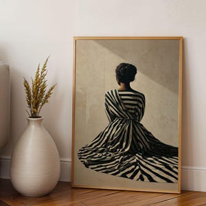 Black Woman Wall Art, Fashion Portrait, Neutral Tone Wall Art, Striped Dress Woman Print, Chic Fashion Illustration Print, Modern Aesthetic