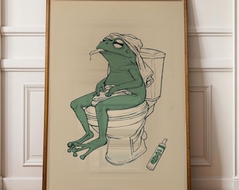 Frog on Toilet Green Art Print, Retro Frog Poster, Vintage Print, Funny Bathroom Art, Digital Download, Frog Art Print, Toilet Art Print