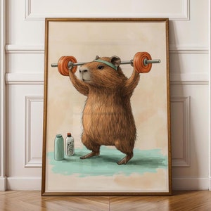 Grappige sportschool capibara kunst aan de muur, grappige fitness capibara Art Print, eigenzinnige muurkunst, fitness motivatie decor, eigenzinnige capibara gewichtheffen kunst