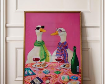 Funny Duck Wall Art, Whimsical Animal Art, Quirky Wall Decor, Eclectic Home Decor, Wine Lover Wall Art, Silly Goose Wall Print, Goose Art
